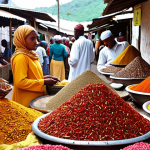 **A vibrant marketplace in Comoros, overflowing with colorful spices like cloves, vanilla, and ylang-ylang. Muslim merchants and local women in traditional dress haggle over prices, with the fragrant aroma of spices filling the air.** (Focus: Comoros, spices, Islamic influence, local culture)