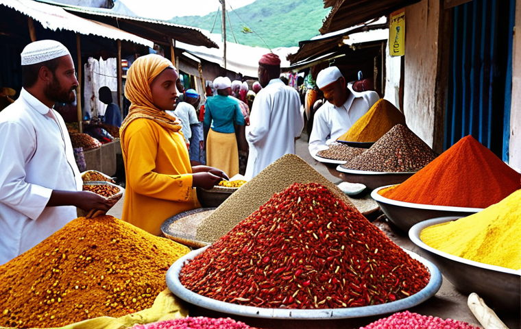 **A vibrant marketplace in Comoros, overflowing with colorful spices like cloves, vanilla, and ylang-ylang. Muslim merchants and local women in traditional dress haggle over prices, with the fragrant aroma of spices filling the air.** (Focus: Comoros, spices, Islamic influence, local culture)