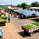 **

A bustling Comorian marketplace. In the foreground, farmers and fishermen are selling fresh produce and seafood, transported on a newly paved road. Solar panels power the market stalls. In the background, a modern water treatment plant is visible. The scene conveys improved infrastructure boosting local commerce and access to essential resources.

**
