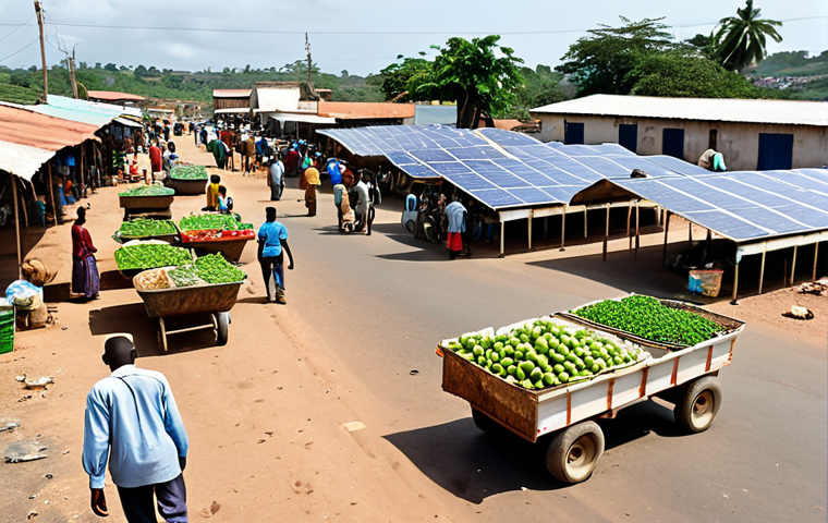 **
A bustling Comorian marketplace. In the foreground, farmers and fishermen are selling fresh produce and seafood, transported on a newly paved road. Solar panels power the market stalls. In the background, a modern water treatment plant is visible. The scene conveys improved infrastructure boosting local commerce and access to essential resources.
**