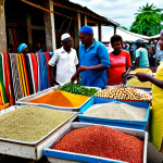 Volo Volo Market Scene**

A bustling marketplace scene in Moroni, Comoros, showcasing Volo Volo market. Vendors are displaying colourful fabrics, spices, and local produce. People are wearing modest, traditional Comorian clothing. The atmosphere is lively with locals bargaining and chatting. Focus on the vibrant colours and textures of the market. Safe for work, appropriate content, fully clothed, professional photography, perfect anatomy, natural proportions, family-friendly.

**