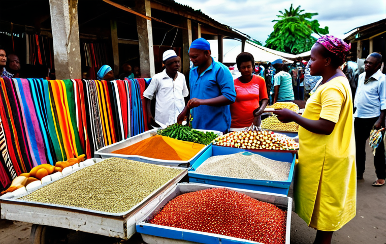 Volo Volo Market Scene**

A bustling marketplace scene in Moroni, Comoros, showcasing Volo Volo market. Vendors are displaying colourful fabrics, spices, and local produce. People are wearing modest, traditional Comorian clothing. The atmosphere is lively with locals bargaining and chatting. Focus on the vibrant colours and textures of the market. Safe for work, appropriate content, fully clothed, professional photography, perfect anatomy, natural proportions, family-friendly.

**