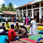 **

A vibrant market scene in Moroni, Comoros.  Focus on the colorful textiles, local crafts, and the bustling activity of people trading.  Include Islamic architectural details in the background, suggesting the rich cultural heritage.  People are dressed in modest clothing.  Ensure correct proportions and well-formed hands. Safe for work, appropriate content, fully clothed, family-friendly. Professional photography, high quality.

**