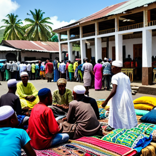 **

A vibrant market scene in Moroni, Comoros.  Focus on the colorful textiles, local crafts, and the bustling activity of people trading.  Include Islamic architectural details in the background, suggesting the rich cultural heritage.  People are dressed in modest clothing.  Ensure correct proportions and well-formed hands. Safe for work, appropriate content, fully clothed, family-friendly. Professional photography, high quality.

**
