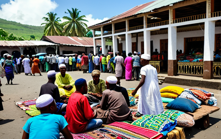 **

A vibrant market scene in Moroni, Comoros.  Focus on the colorful textiles, local crafts, and the bustling activity of people trading.  Include Islamic architectural details in the background, suggesting the rich cultural heritage.  People are dressed in modest clothing.  Ensure correct proportions and well-formed hands. Safe for work, appropriate content, fully clothed, family-friendly. Professional photography, high quality.

**