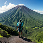 ** A panoramic view of Mount Karthala, an active volcano in Komoro, surrounded by lush green rainforest. The foreground features a fully clothed hiker in appropriate outdoor attire, taking in the breathtaking vista. Safe for work, appropriate content, professional photography, perfect anatomy, natural proportions, family-friendly.

**