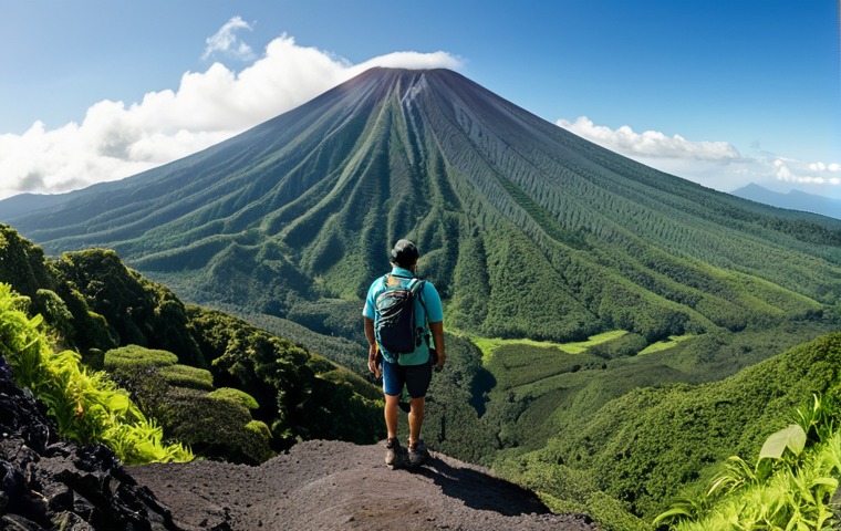 ** A panoramic view of Mount Karthala, an active volcano in Komoro, surrounded by lush green rainforest. The foreground features a fully clothed hiker in appropriate outdoor attire, taking in the breathtaking vista. Safe for work, appropriate content, professional photography, perfect anatomy, natural proportions, family-friendly.

**