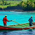 Sustainable Fishing in Comoros**

"A vibrant scene of Comorian fishermen, fully clothed in appropriate fishing gear, returning to shore with their catch in a traditional outrigger canoe. The background features a clear, turquoise ocean and the lush green coastline of Comoros. Focus on sustainable fishing practices, showing nets that are not damaging to the ocean floor. Perfect anatomy, correct proportions, natural pose, professional photography, high quality, safe for work, appropriate content, fully clothed, family-friendly."

**