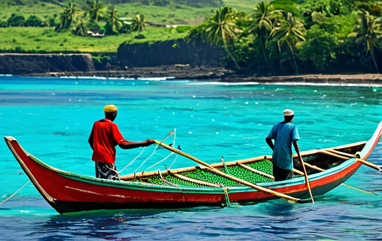 Sustainable Fishing in Comoros**

"A vibrant scene of Comorian fishermen, fully clothed in appropriate fishing gear, returning to shore with their catch in a traditional outrigger canoe. The background features a clear, turquoise ocean and the lush green coastline of Comoros. Focus on sustainable fishing practices, showing nets that are not damaging to the ocean floor. Perfect anatomy, correct proportions, natural pose, professional photography, high quality, safe for work, appropriate content, fully clothed, family-friendly."

**