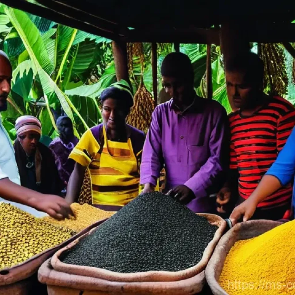 코모로 향신료 시장 방문 - **A Vibrant Comorian Spice Market**: A bustling, open-air spice market in Comoros, overflowing with ...
