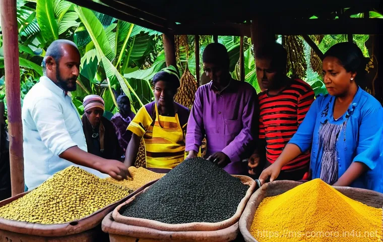 코모로 향신료 시장 방문 - **A Vibrant Comorian Spice Market**: A bustling, open-air spice market in Comoros, overflowing with ...