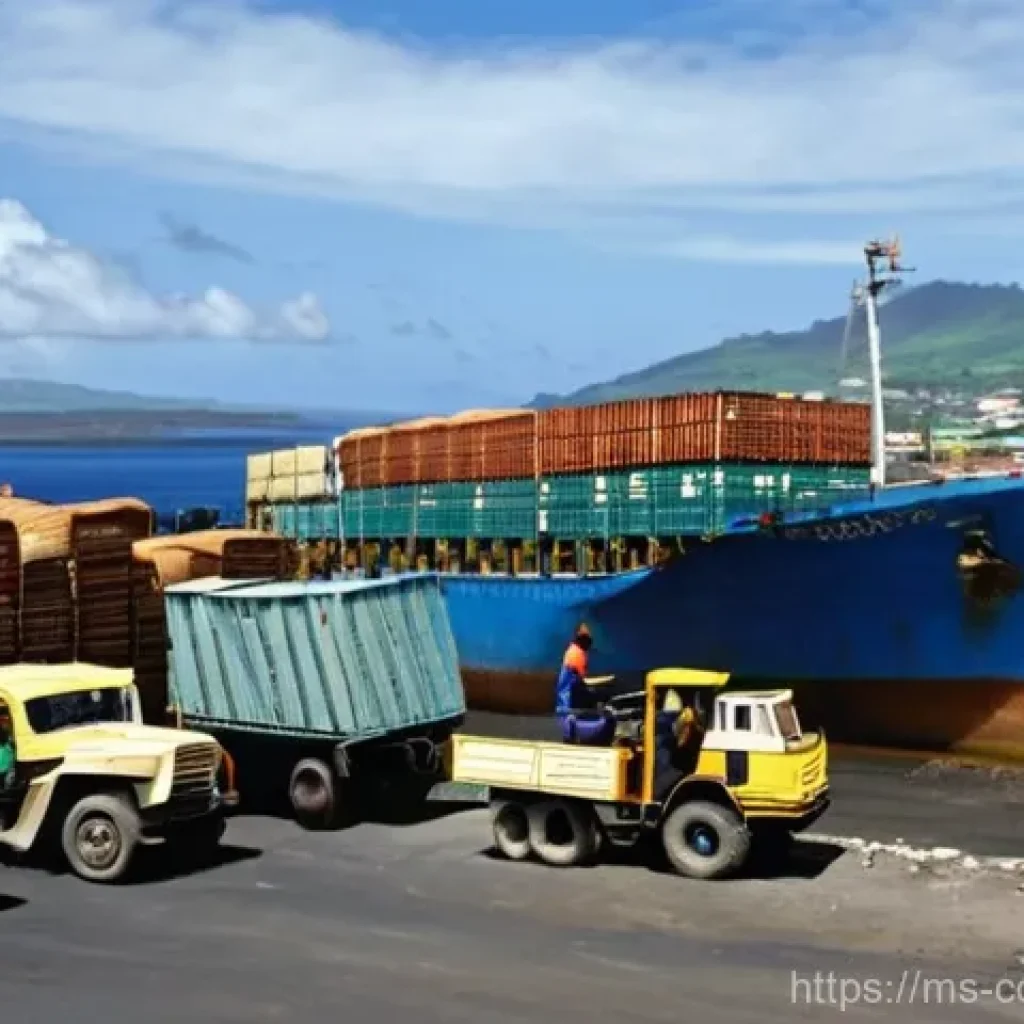 코모로 주요 수입품과 교역국 - **Prompt:** A bustling harbor scene in Comoros, with large cargo ships docked and unloading a variet...