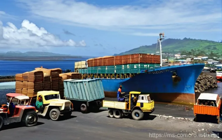 코모로 주요 수입품과 교역국 - **Prompt:** A bustling harbor scene in Comoros, with large cargo ships docked and unloading a variet...