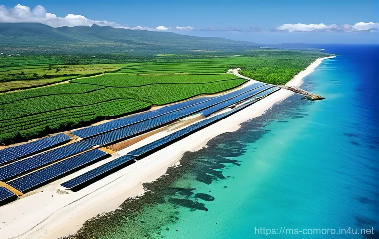 코모로 주요 수입품과 교역국 - **Prompt:** A tranquil and lush agricultural landscape in Comoros, bathed in the warm light of a tro...