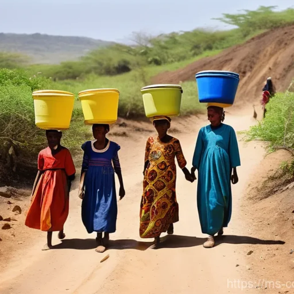 코모로 식수 안전성 - **Prompt:** A group of resilient Comorian women and children, dressed in modest, vibrant traditional...