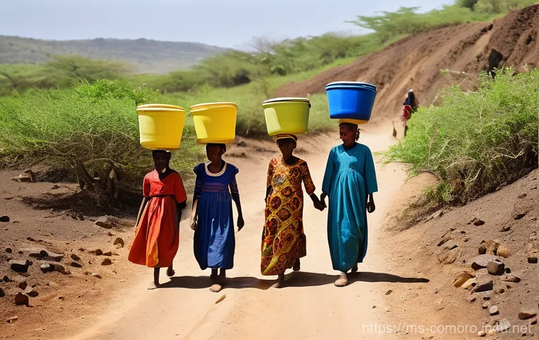 코모로 식수 안전성 - **Prompt:** A group of resilient Comorian women and children, dressed in modest, vibrant traditional...