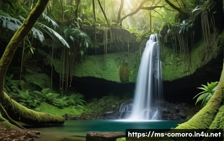 코모로 앙주앙 섬 자연경관 - **Mystical Rainforest and Cascading Waterfall:**
"A breathtaking, mystical tropical rainforest i...