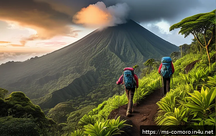코모로 화산투어 안내 - A scenic hiking trail ascending Komoro Volcano starting from Desa Moya village, showing lush tropica...