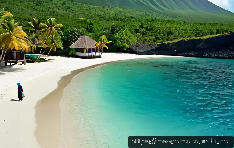 Home 15 코모로 기후와 여행 적기 - Photorealistic tropical dry-season travel scene in Comoros, a clear turquoise lagoon beside a quiet ...